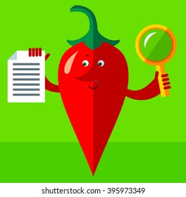 Cartoon chili pepper with magnifier glass and document searching. Flat style vector illustration . Funny cartoon character