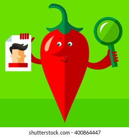 Cartoon chili pepper with magnifier glass and person photo. Searching. Flat style vector illustration . Funny cartoon character