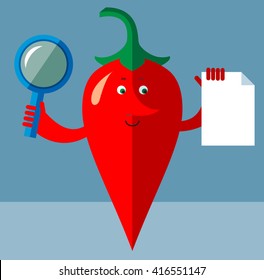 Cartoon chili pepper with magnifier glass holding blank sheet of paper searching. Flat style vector illustration . Funny cartoon character
