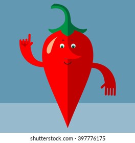Cartoon chili pepper making attention gesture with forefinger. Flat style vector illustration . Funny cartoon character