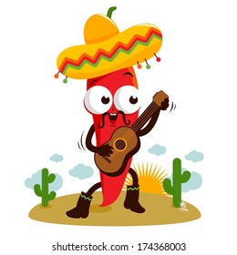 Cartoon chili pepper mariachi playing the guitar, singing and dancing in the Mexican desert. Vector illustration