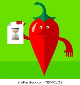 Cartoon chili pepper with preloader icon. Flat style vector illustration . Funny cartoon character