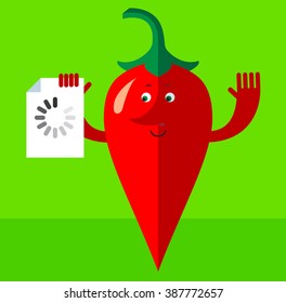 Cartoon chili pepper with preloader icon. Flat style vector illustration . Funny cartoon character