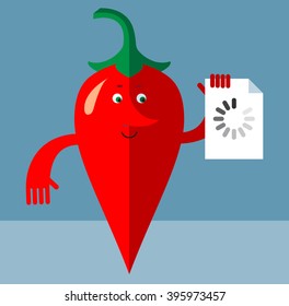 Cartoon chili pepper with preloader icon. Flat style vector illustration . Funny cartoon character