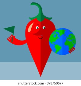 Cartoon chili pepper putting flag mark the globe. Flat style vector illustration . Funny cartoon character
