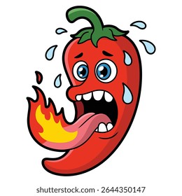 A cartoon chili pepper with a red body green stem and large blue eyes is depicted sweating profusely with flames emanating from its tongue. The style is bold and outlined.