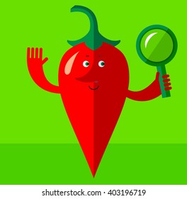 Cartoon chili pepper  Seeing Through Magnifying Glass. Flat style vector illustration . Funny cartoon character