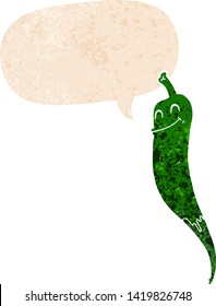 caricatura de pimienta chile con burbuja de habla en un estilo retro angustiado y texturizado