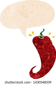 cartoon chili pepper with speech bubble in grunge distressed retro textured style