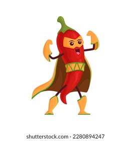 Caricatura del personaje de superhéroe de pimienta chile, verdura vectorial roja jalapeno en capa superheroína y máscara demostrando poder y músculos. Personaje de cuento de hadas, chile aislado, comida sana con especias