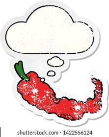 caricatura de pimienta chile con burbuja de pensamiento como pegatina gastada angustiada