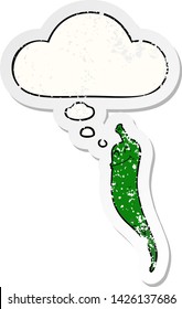 Cartoon Chilischoten mit Denkblase als bedrückter Aufkleber