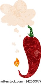 cartoon chili pepper with thought bubble in grunge distressed retro textured style