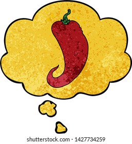 cartoon chili pepper with thought bubble in grunge texture style
