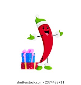 Cartoon chili pepper vegetable character with gifts. Isolated vector Santa helper jalapeno or guindilla personage with present boxes, and cheerful smile, wear green elf hat, spreading holiday cheer