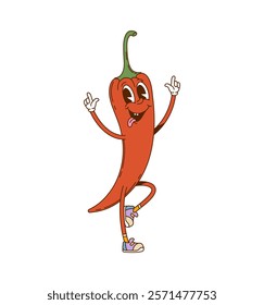 Cartoon chili pepper vegetable groovy character. Farm whole veggie 60s 70s cute personage, mexican food hot seasoning groovy isolated vector mascot. Chilli pepper vegetable cartoon cheerful character