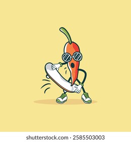 A cartoon chili pepper wearing sunglasses skateboards with a surprised expression.