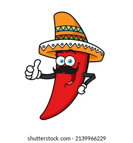 Cartoon Chilli Pepper Wearing Sombrero Hat