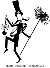 Cartoon chimney sweeper. 
Funny chimney sweeper in the top hat with a rope and chimney brushes. Black and white illustration
