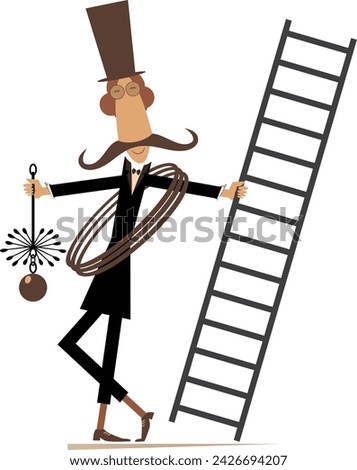 Cartoon chimney sweeper. 
Funny chimney sweeper in the top hat with a rope, chimney brushes and ladder. Isolated on white background
