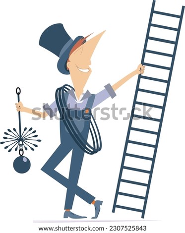 Cartoon chimney sweeper illustration. 
Funny chimney sweeper in the top hat holding a ladder and chimney brushe. Isolated on white background
