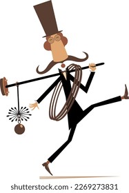 Cartoon chimney sweeper illustration. 
Walking funny chimney sweeper in the top hat holding a rope and chimney brushes. Isolated on white background
