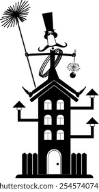 Cartoon chimney sweeper sits on the roof. Funny chimney sweeper in the top hat with a rope, chimney brushes sitting on the roof. Black and white illustration