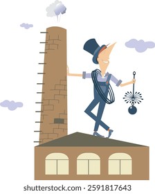 Cartoon chimney sweeper standing on the roof.
Cheerful chimney sweeper in the top hat with a rope and chimney brush standing on the rooftop near a stack
