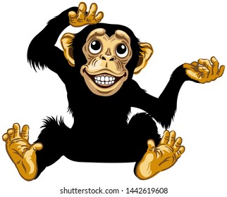 cartoon chimp ape or chimpanzee monkey smiling cheerful with a big smile on face showing teeth and looking up. Positive and happy emotion. Sitting pose. Front view. Isolated vector illustration