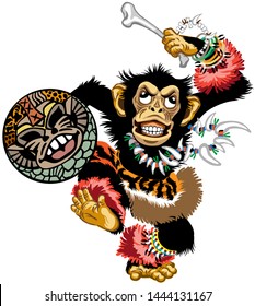 cartoon chimp ape or chimpanzee monkey the African shaman dancing with a drum and wearing jewelry. Emotion of trance ritual dance. Front view isolated vector illustration