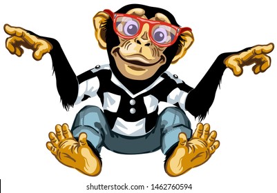 cartoon chimp ape or chimpanzee monkey wearing glasses and smiling cheerful with a big smile. Positive and happy emotion. Sitting pose. Front view. Isolated vector illustration