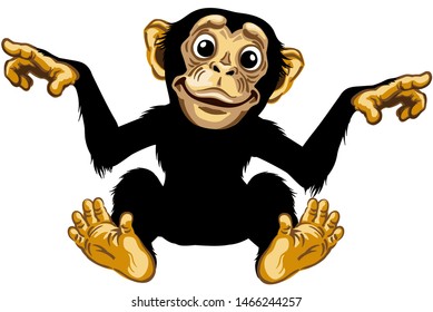 cartoon chimp ape or chimpanzee monkey smiling cheerful with a big smile on face. Positive and happy emotion. Sitting pose. Front view. Isolated vector illustration