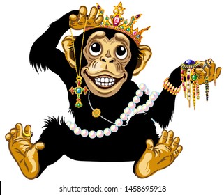 cartoon chimp monkey or chimpanzee wearing a gold crown, playing with gemstone jewelry and holding a necklace with golden cross, feels admiration, expresses joyful emotions. Isolated vector