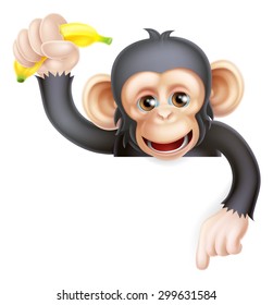 Cartoon chimp monkey like character mascot peeking above a sign holding a banana and pointing down