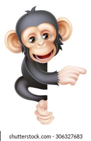 Cartoon chimp monkey like character mascot peeking around a sign and pointing at it