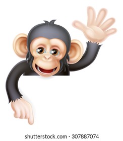 Cartoon chimp monkey like character mascot peeking above a sign waving and pointing down