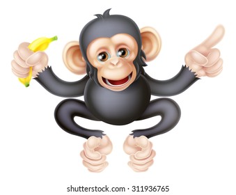 Cartoon chimp monkey like character mascot holding a banana and pointing