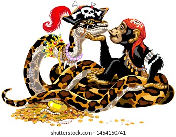 Cartoon chimpanzee and big snake pirates near the treasure. Great ape or chimp monkey and Python Boa Constrictor wearing golden crown and pearl necklace laying on pile of gold coins and jewelry