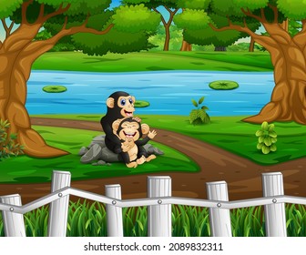 Cartoon chimpanzee with her cub in the open zoo