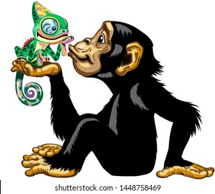 Cartoon chimpanzee holding a chameleon. Great ape or chimp monkey in sitting pose blowing a kiss to lovely lizard on his hand palm. Playful and happy emotion. Side view isolated vector illustration