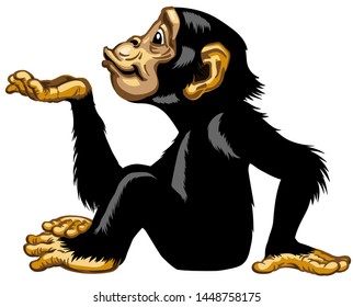 Cartoon chimpanzee keeping empty cupped hand palm up. Great ape or chimp monkey in sitting pose blowing air kiss. Positive attractive joyful and happy emotion. Side view isolated vector illustration