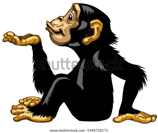 手のひらを空にしたままにした漫画のチンパンジー 座った姿勢でエアーキスをする大猿かチンパンジー 猿 ポジティブな魅力的な喜びと幸せな感情 側面図分離型ベクターイラスト のベクター画像素材 ロイヤリティフリー