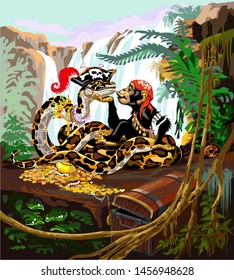 Cartoon chimpanzee and python boa on the pirate island. Great ape or chimp monkey and big snake near the treasure and wooden chest. Rainforest landscape with plants and waterfall. Children vector illu