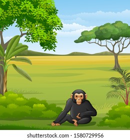 Cartoon chimpanzee in the savannah