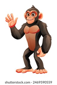 Cartoon chimpanzee waving hand. Vector illustration isolated on white background