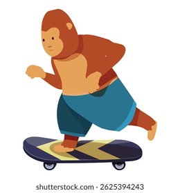 Cartoon chimpanzee wearing blue shorts keeping balance on a skateboard