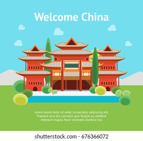 Cartoon China Banner Card Building on a Landscape Background Flat Design Style. Vector illustration