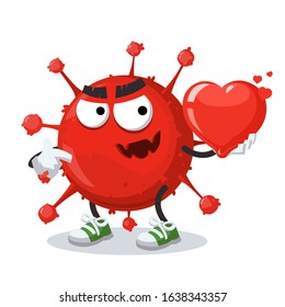 cartoon China's Coronavirus cell 2019 character mascot keeps the heart on white background