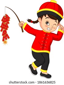 Cartoon chinese boy holding a firecracker