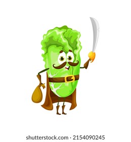 Cartoon chinese cabbage pirate character. Happy vector vegetable corsair with saber and loot in sack. Smiling buccaneer veggies in cape with sabre. Isolated freebooter picaroon personage